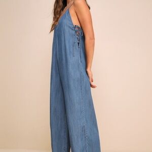 Lulus Comfortably Posh Medium Wash Chambray Wide-leg Jumpsuit Blue - Size L